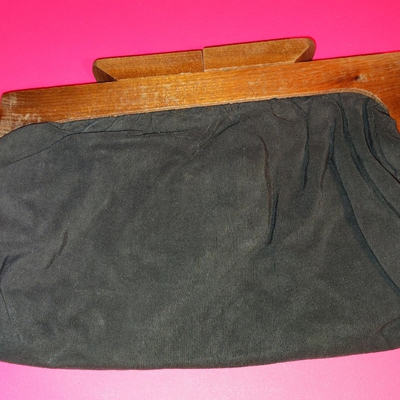 Vtg Black Soft Pouch Wooden Big Clutch Bag - Picture 8 of 10